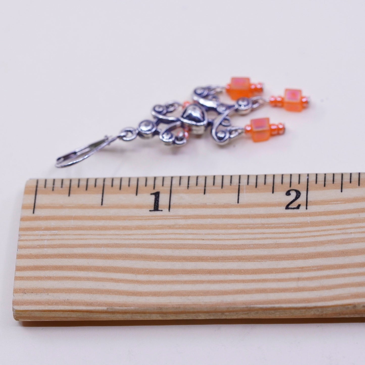 Vintage Sterling silver handmade earrings, 925 filigree heart with orange bead, stamped 925