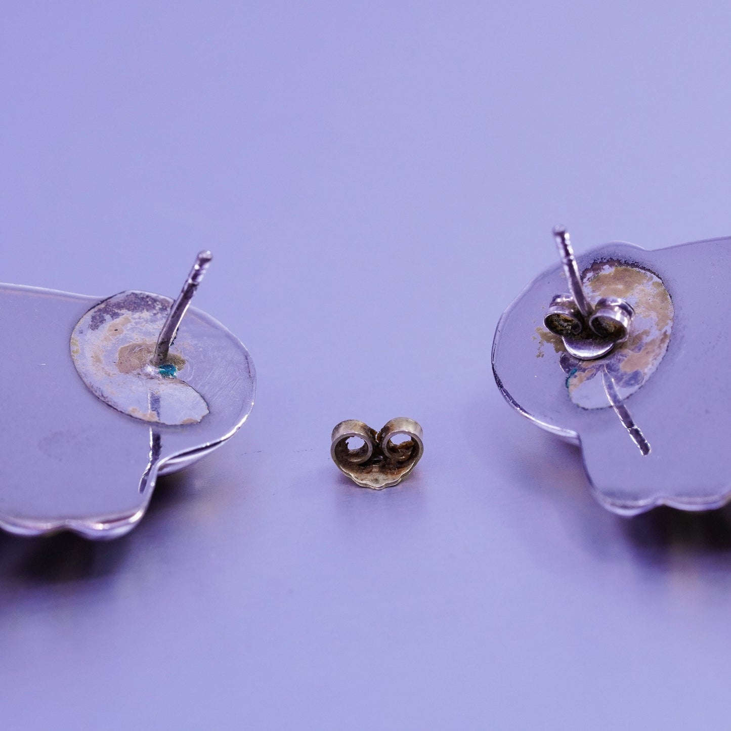 Vintage two tone Sterling 925 silver handmade earrings, wavy ribbed studs
