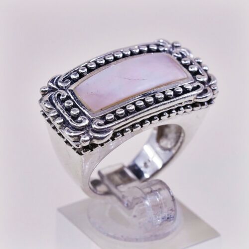 Sz 7, Vtg Statement Cocktail Sterling Silver Handmade Ring, 925 Bali W/ Pink MOP