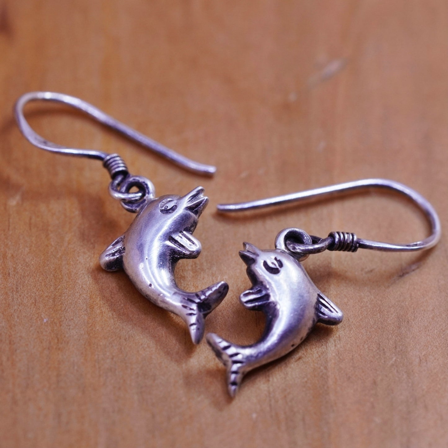 Vintage Sterling silver handmade earrings, 925 dolphin dangle