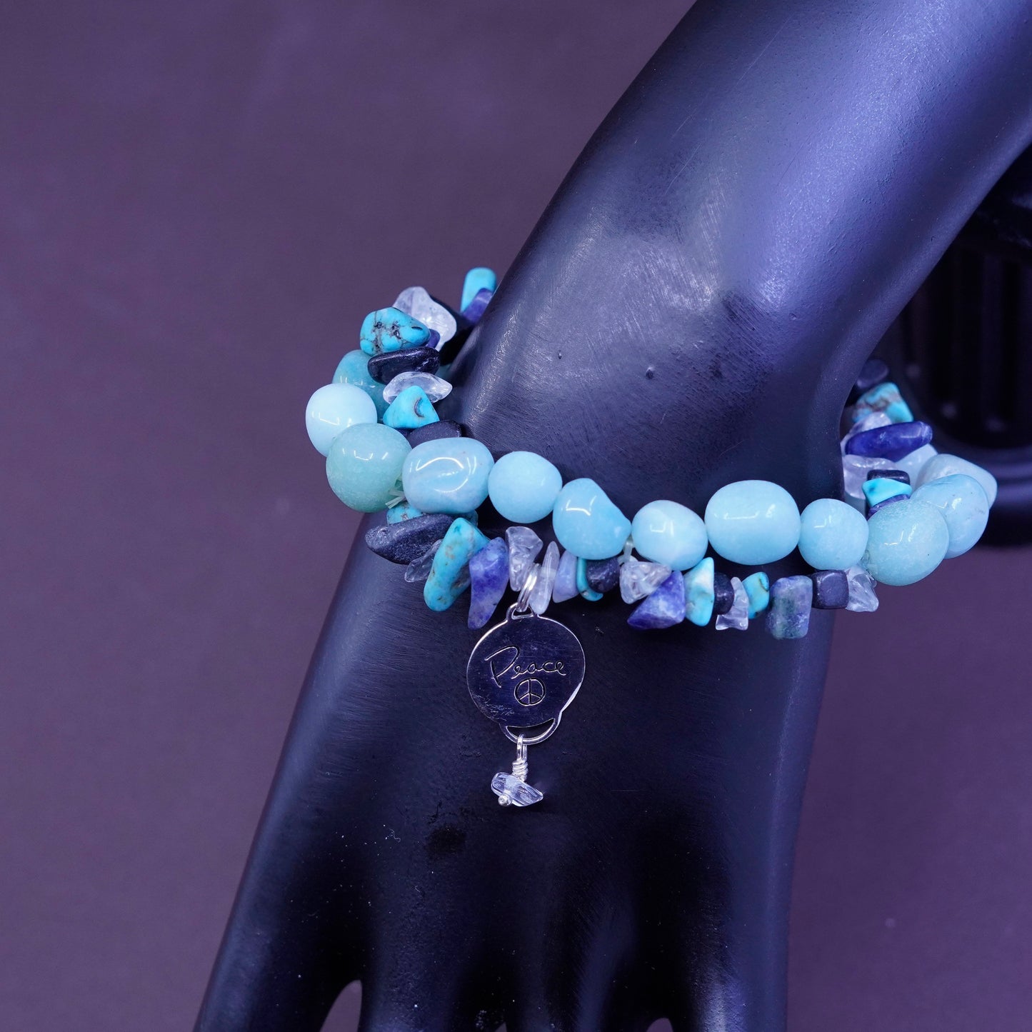 6.5”, jade turquoise beads bracelet with sterling 925 silver CND peace charm.