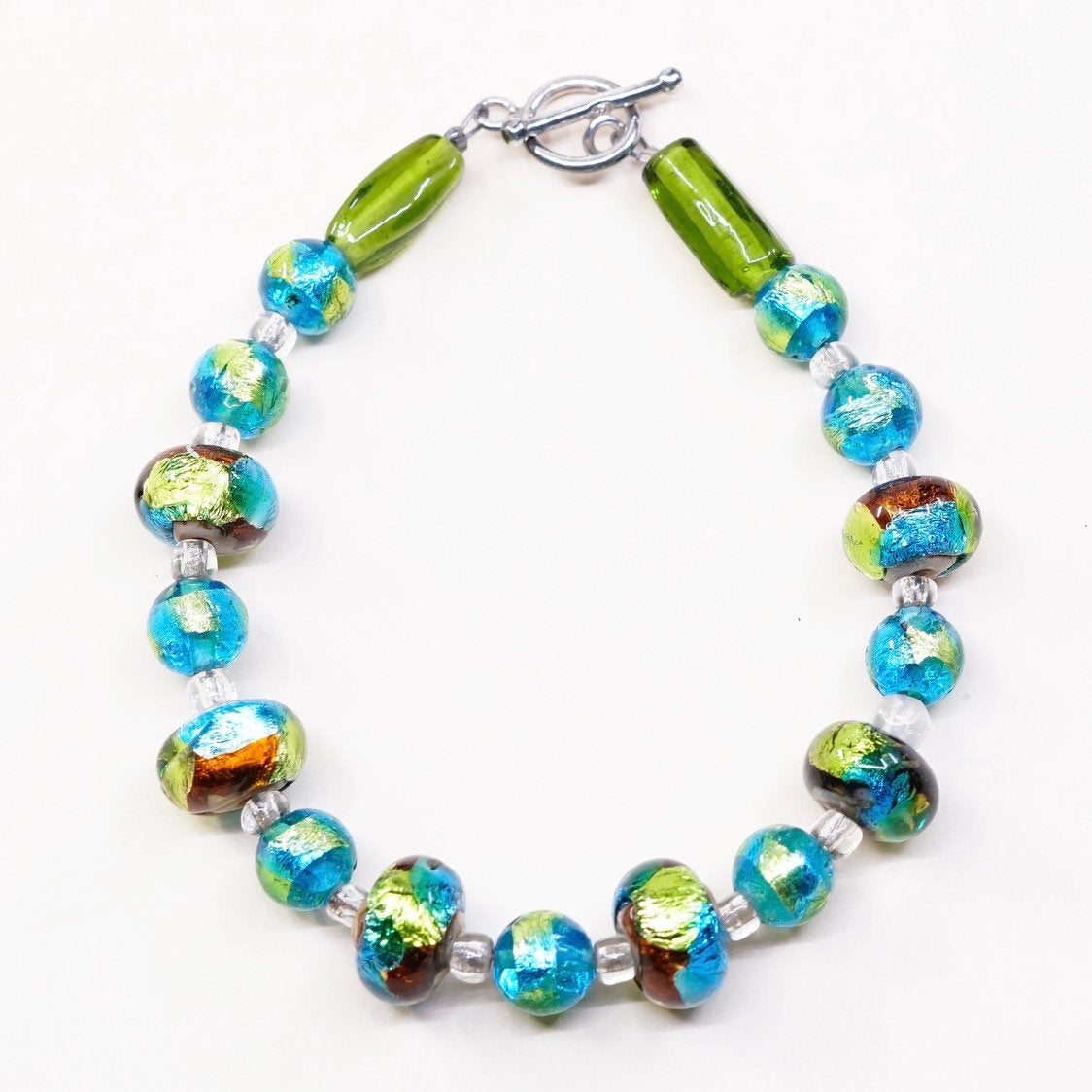 6.75", VTG 925 Sterling silver beads bracelet w/ artisan green glass beads