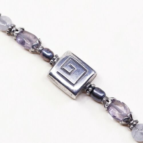 7.25”, Vtg Sterling Silver Handmade bracelet W/ Gray Pearl Beads N Moon Charm