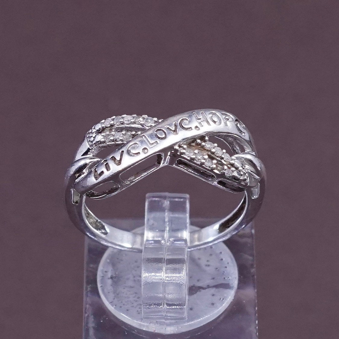 sz 7.5, vtg sterling silver handmade ring, 925 w/ diamond and “live love hope”