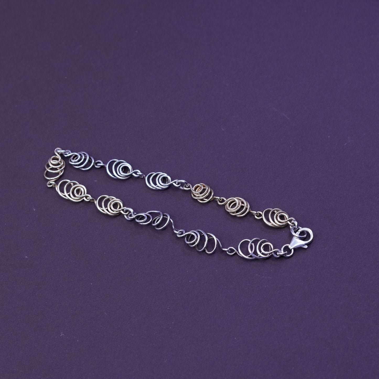 7.75”, vintage two tone Sterling silver handmade bracelet, 925 swirl link chain