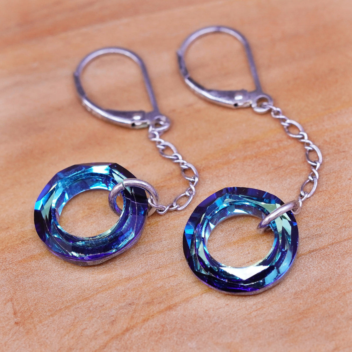 Vintage Sterling silver handmade earrings, 925 hooks with circle blue crystal