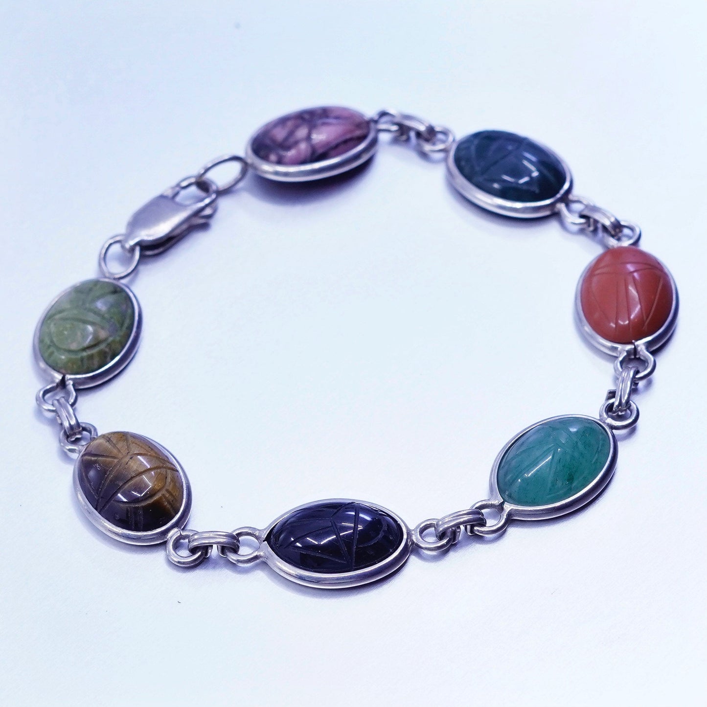 7.25”, sterling 925 silver carved bracelet, tiger eye jasper carnelian onyx