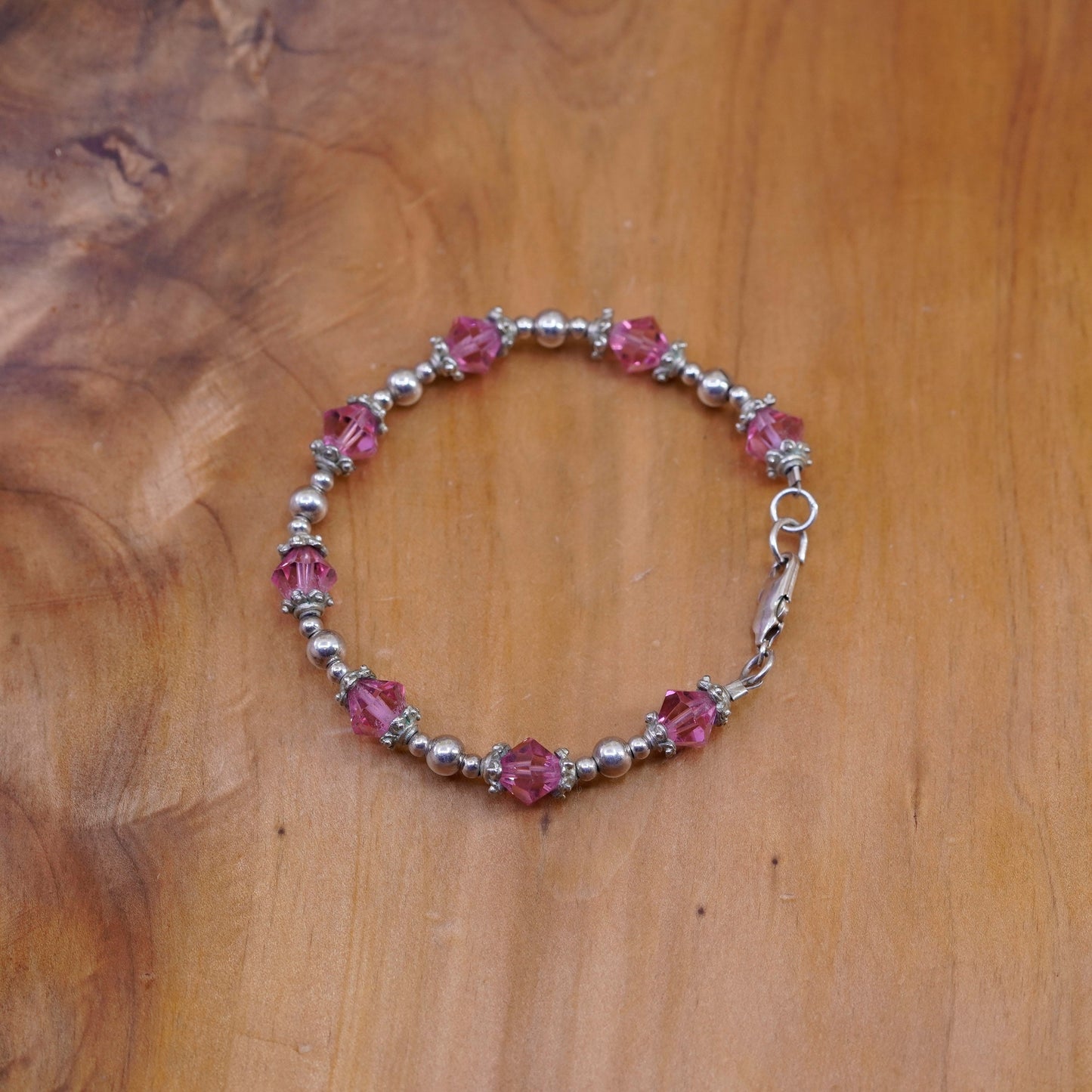 7”, Vintage Sterling silver handmade bracelet, 925 beads with pink crystal