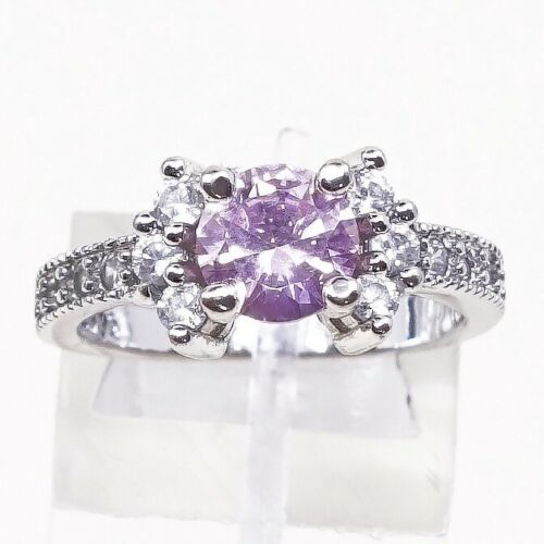 Sz 6.5, Vtg Sterling 925 Silver Ring W/ Pink Heart Cz Inlay, Stamped 925