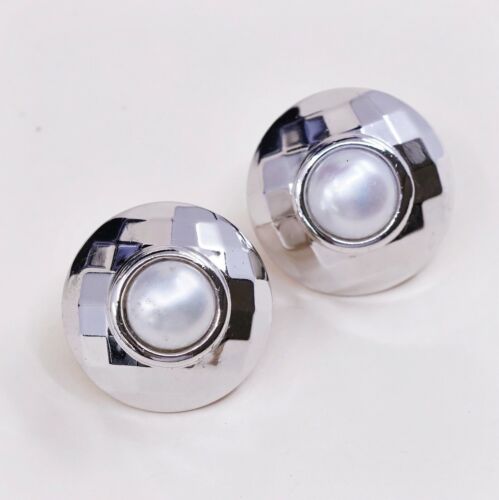 Vtg BAB Handmade STERLING SILVER earrings, 925 Studs W/ Pearl N Checker Texture