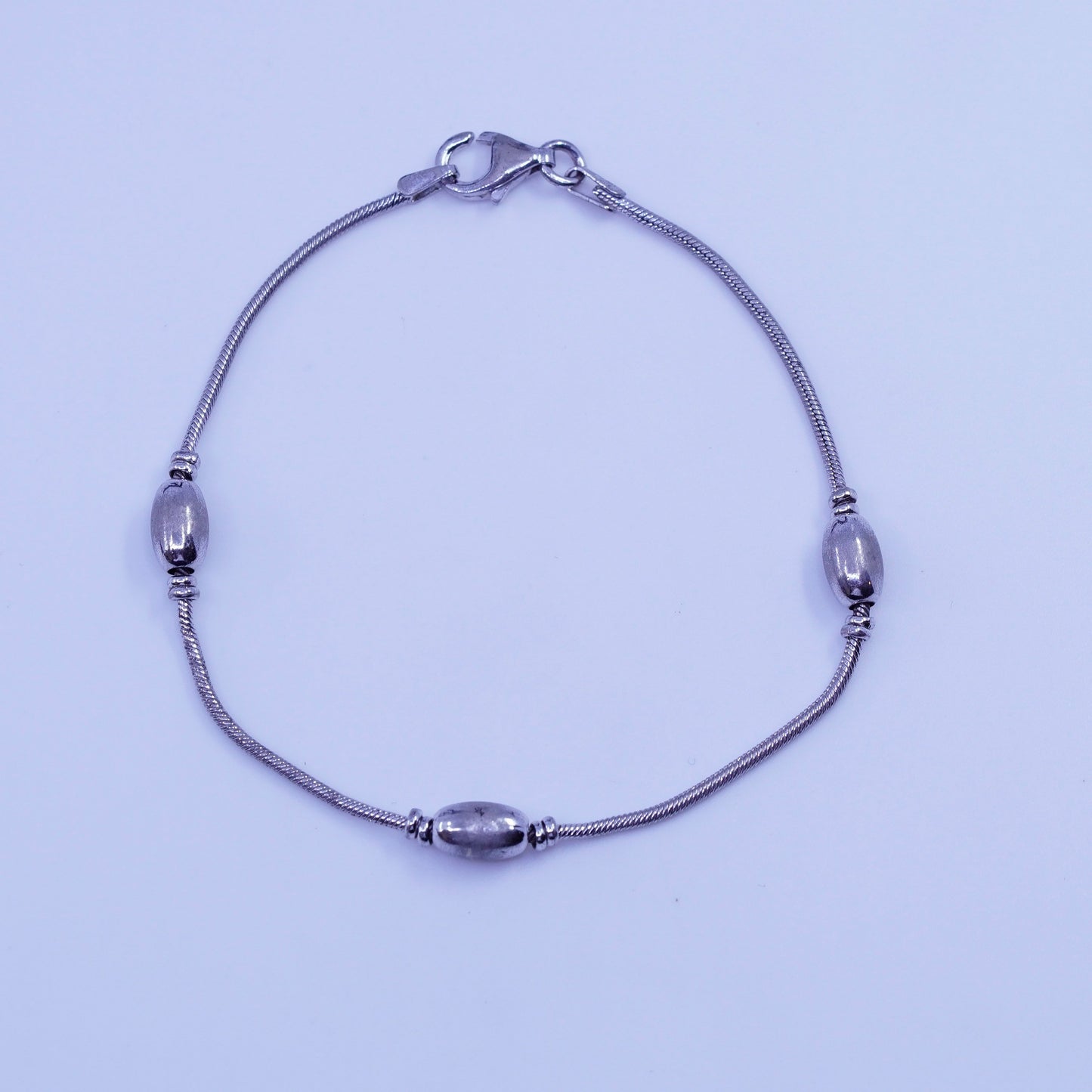 7.25”, 1mm, Sterling 925 silver handmade bracelet, snake chain with beads