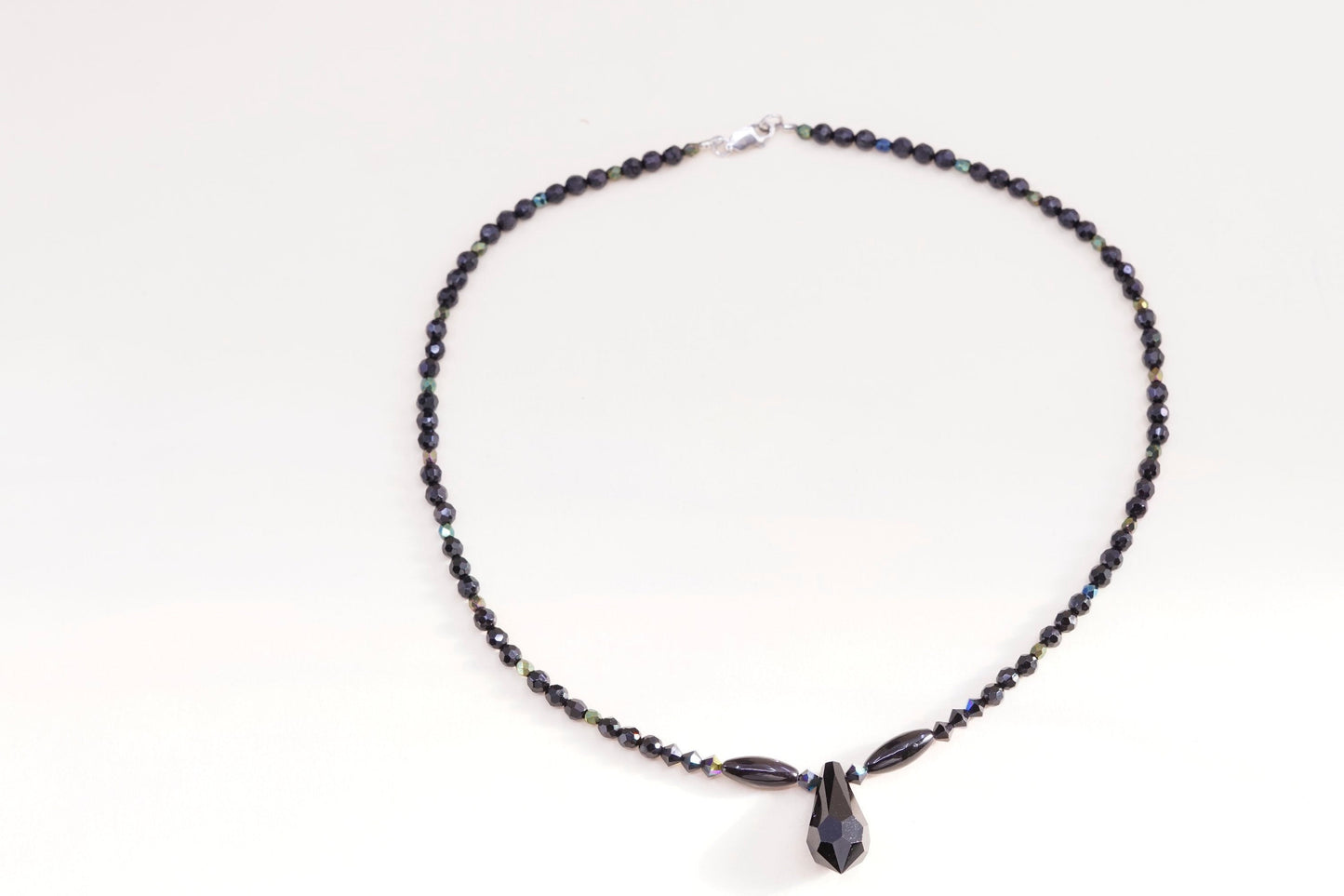 16”, sterling 925 silver handmade beads necklace N teardrop obsidian pendant