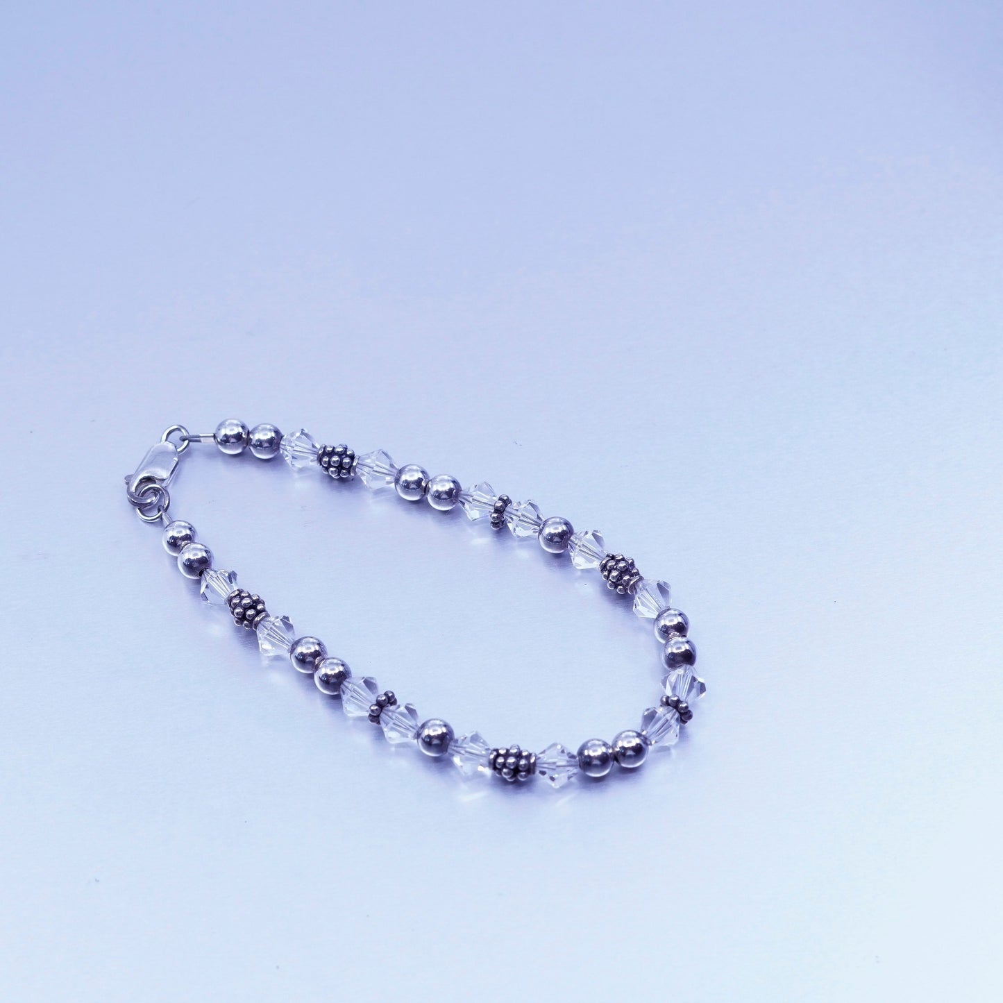 7.25”, vintage Sterling 925 silver handmade bracelet with clear crystal beads