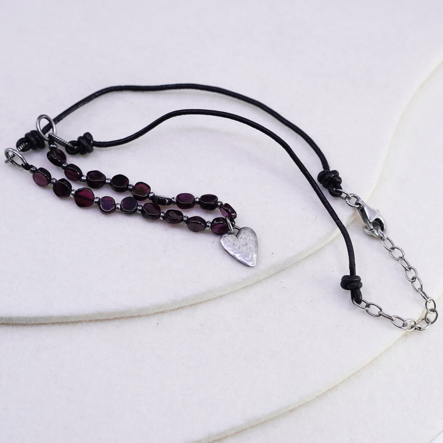 18”, Silpada RARE N1898 Garnet Leather Sterling Silver Heart Pendant Necklace