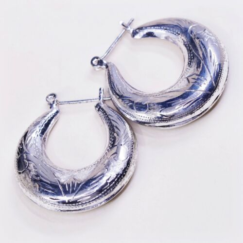 1.25”, Vtg Sterling Silver Handmade Earrings, Testured 925 Hoops, Huggie