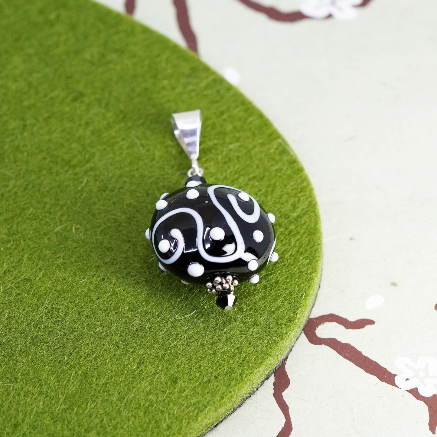 Vintage Sterling silver handmade pendant, 925 charm with black glass beads