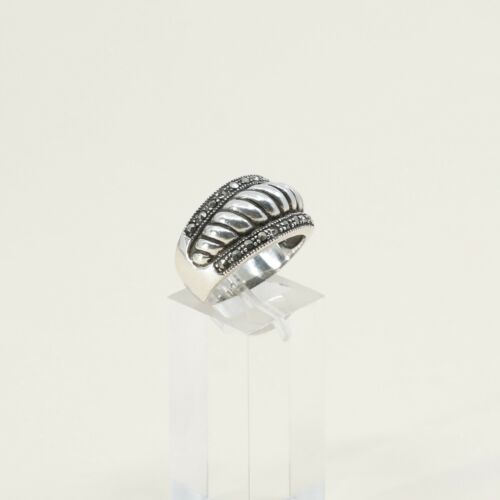 Size 7, Vtg Sterling Silver Handmade Ribbed Ring, 925 Silver Band W/ Marcasite