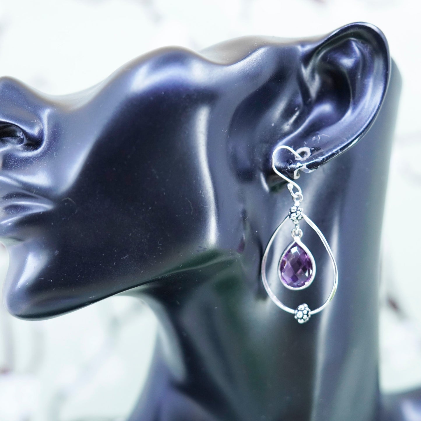 Vintage peyote bird sterling 925 silver handmade earrings w/ teardrop amethyst