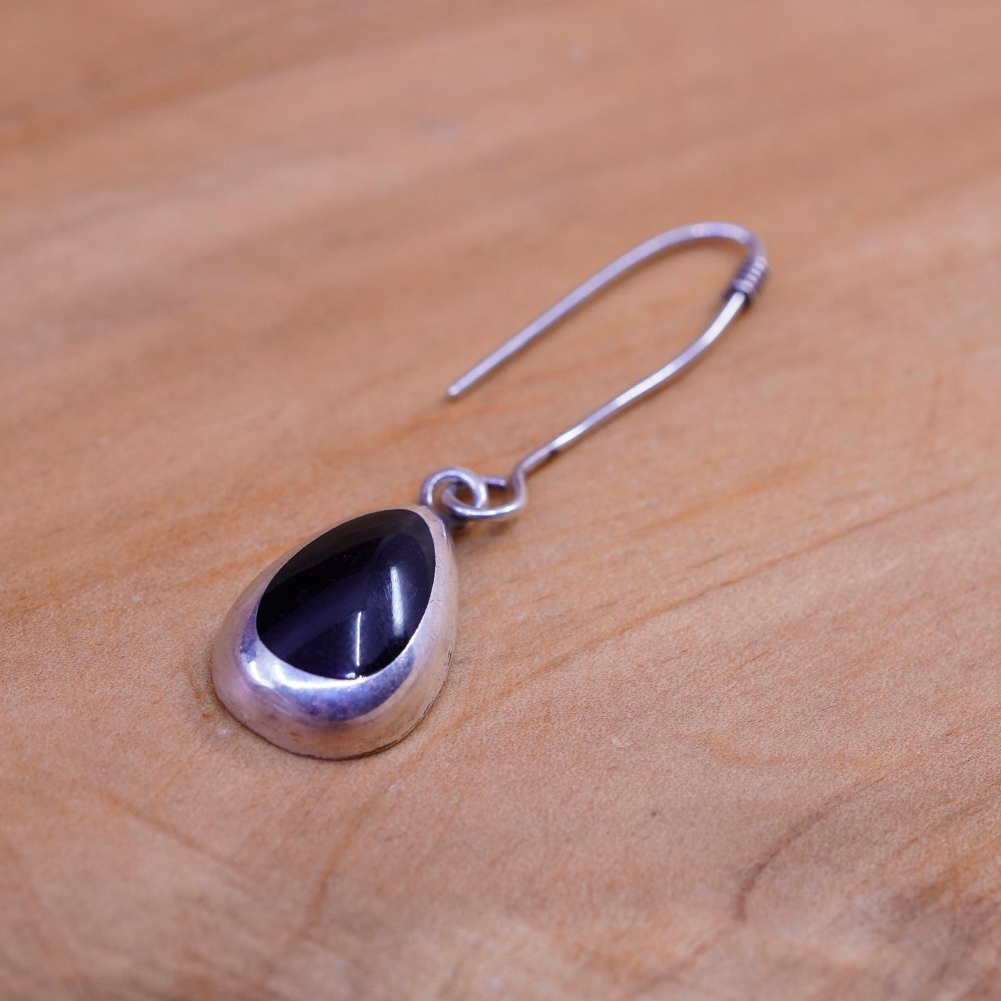 Vintage Sterling 925 silver handmade earrings with teardrop obsidian inlay
