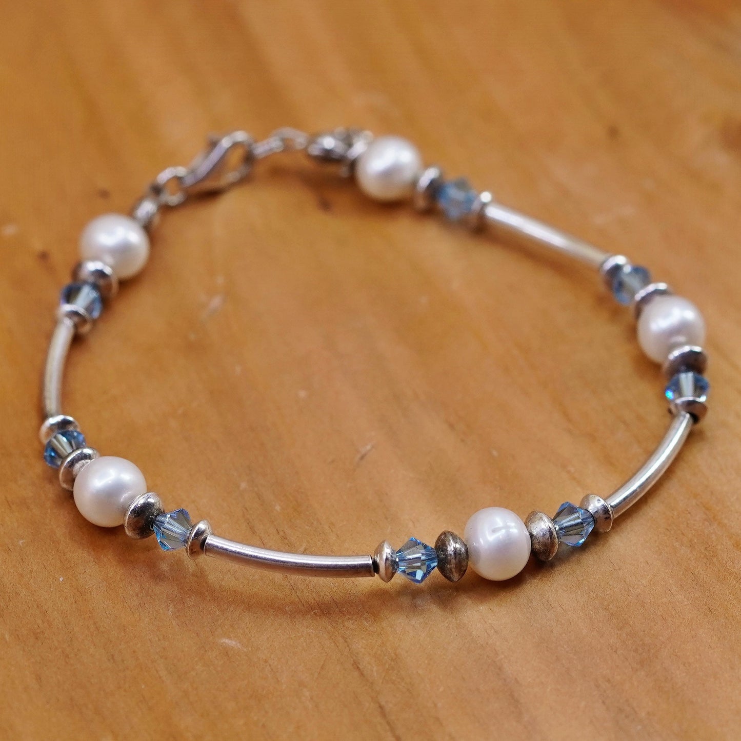 6.75”, Sterling silver handmade beads bracelet, 925 bar chain pearl crystal
