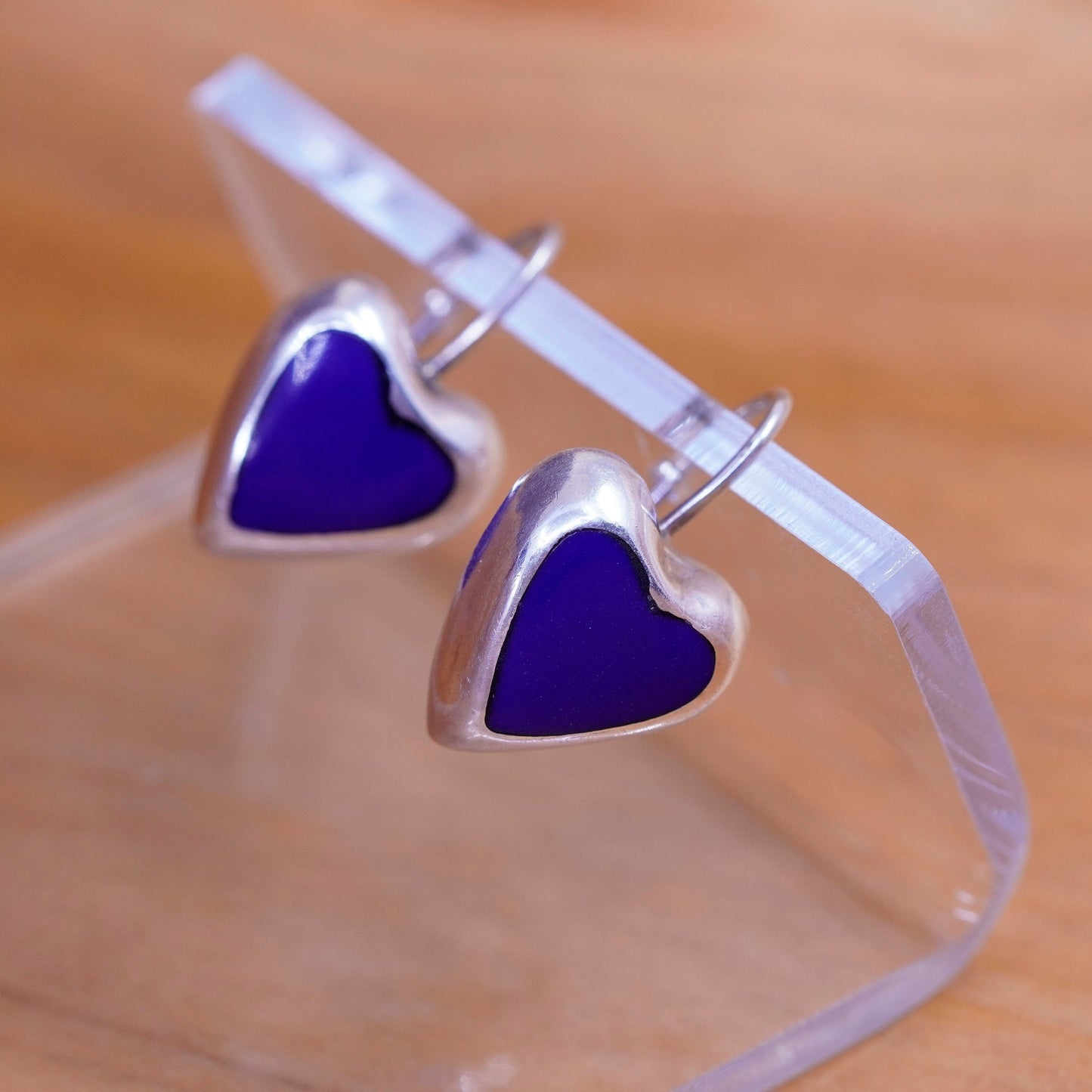 Mexico Southwestern 925 Sterling silver handmade earrings with blue onyx heart
