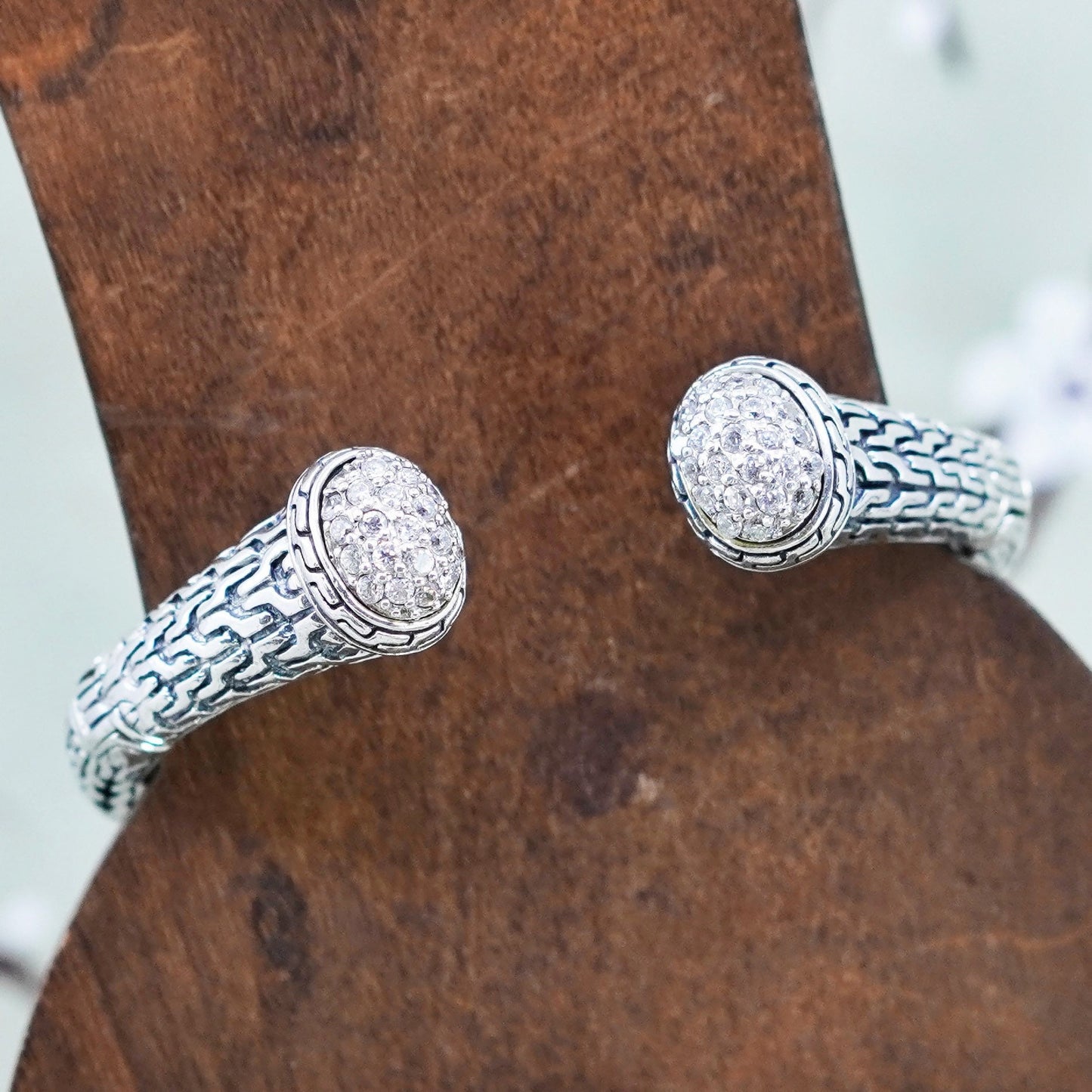 6.5”, Sterling silver bracelet, handmade 925 wheat cable cuff with cluster cz