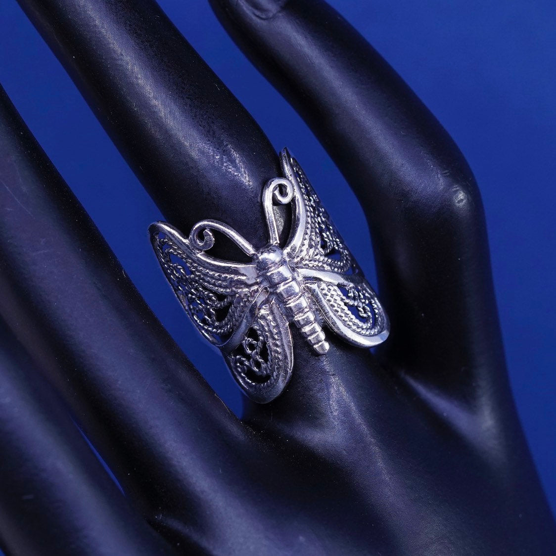 sz 5.5, vtg sterling silver handmade ring, 925 filigree butterfly band