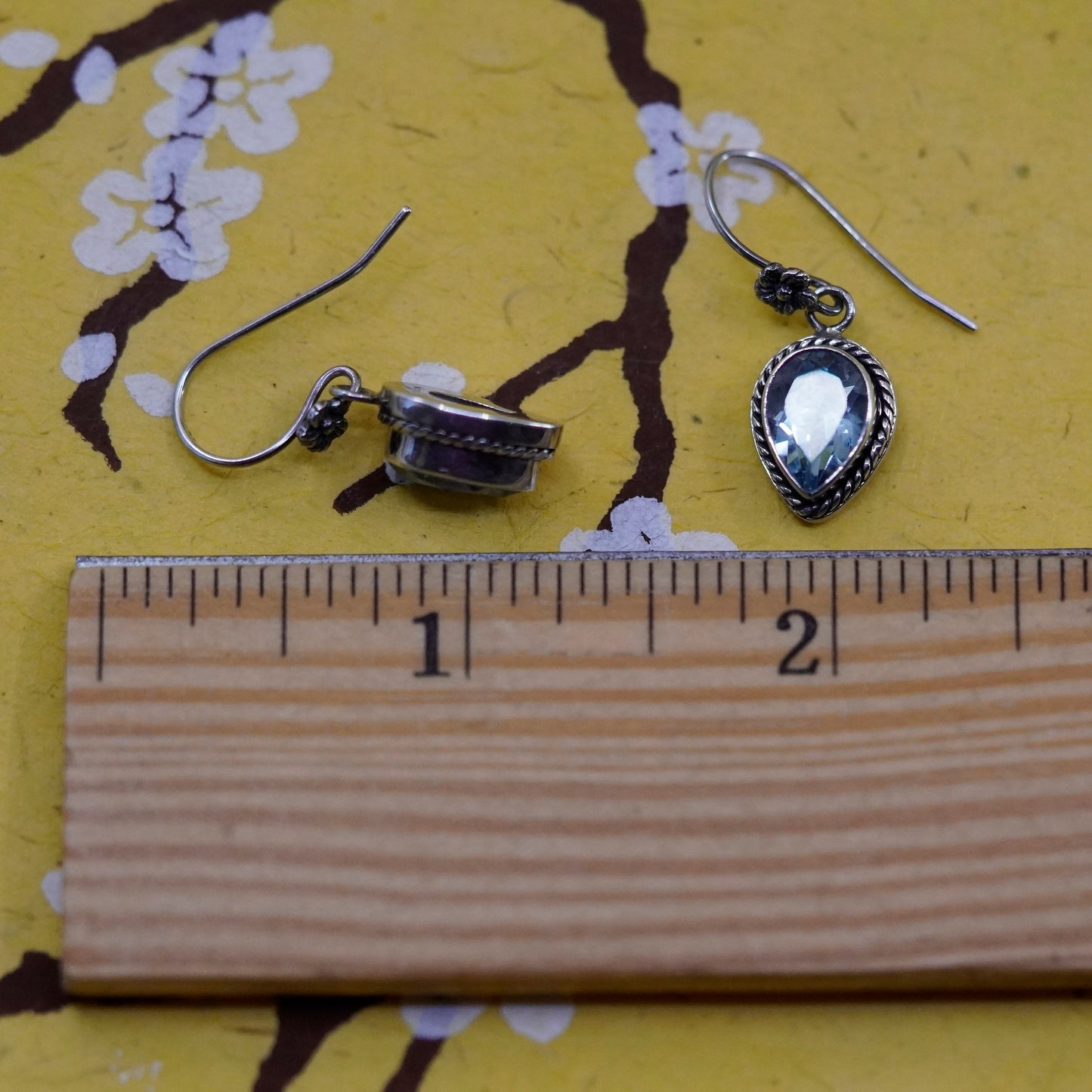 Vintage sterling 925 silver handmade earrings with teardrop topaz and flower