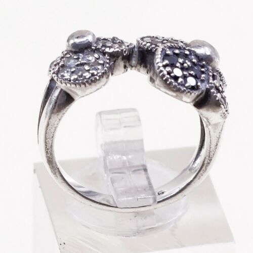 Sz 6.75, Vtg Sterling Silver Handmade Ring, 925 W/ Cluster Black Diamond Flower