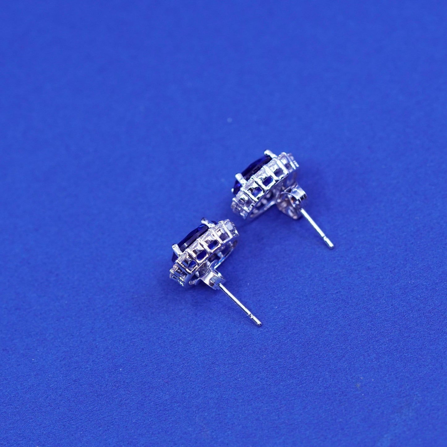Vintage sterling silver handmade earrings, 925 studs w/ cluster Cz and sapphire