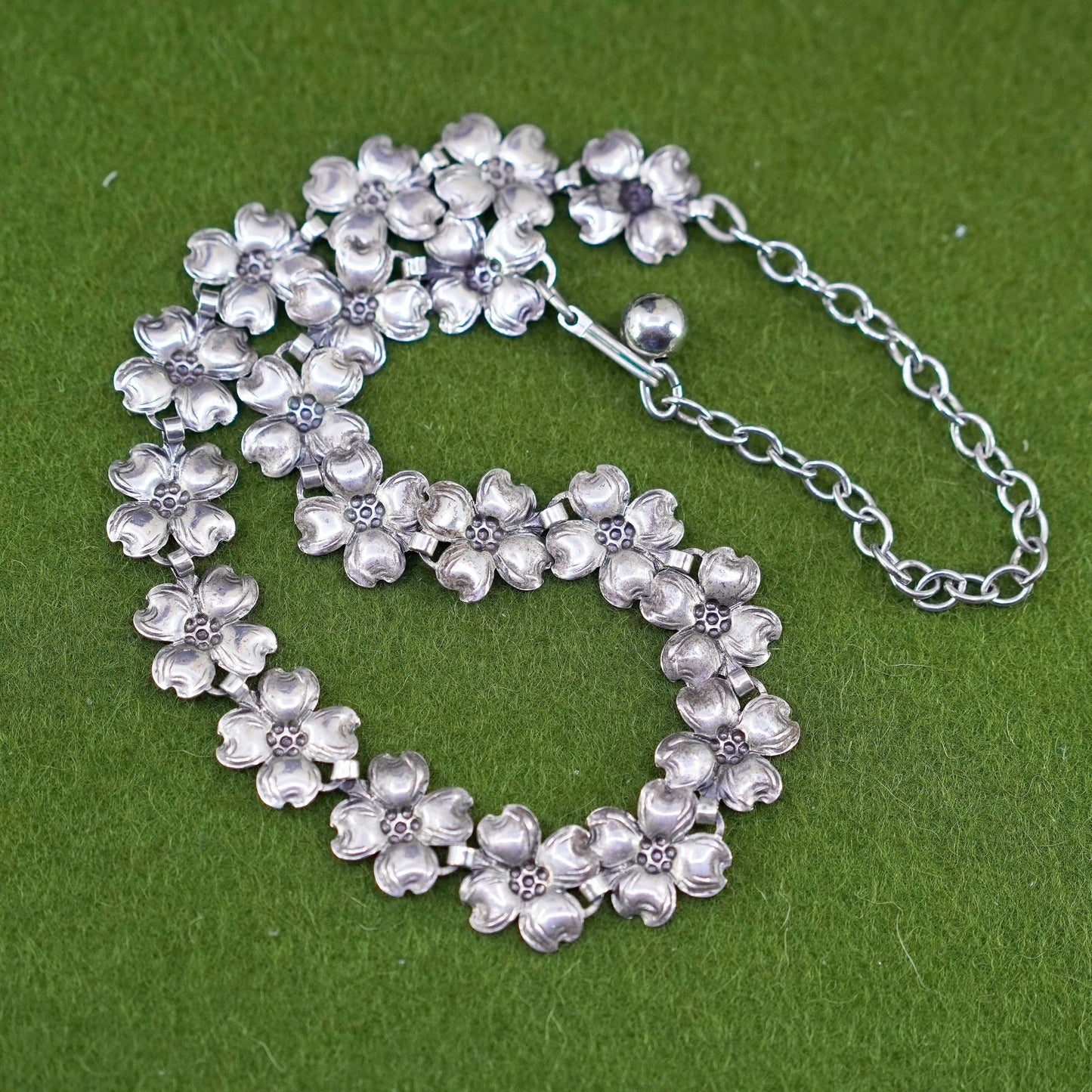 12+4”, sterling 925 silver necklace, dogwood flower link chain choker collar