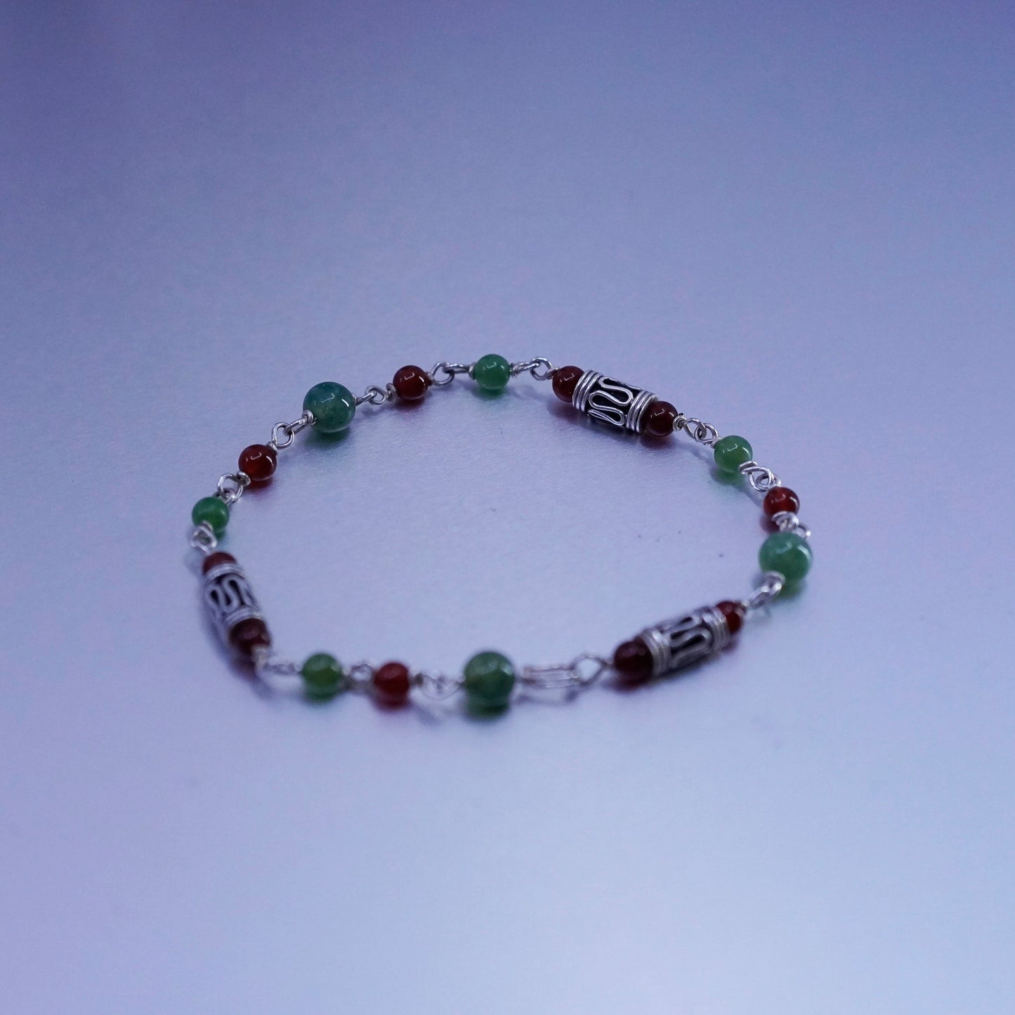7”, vintage Sterling 925 silver bracelet with jade carnelian beads