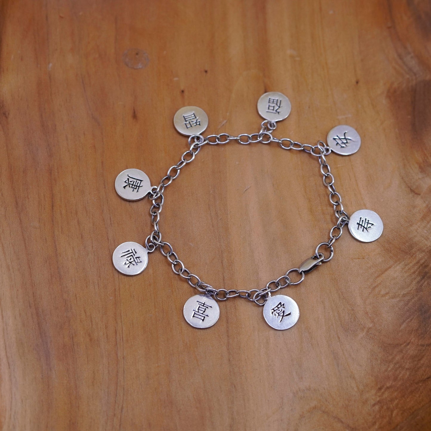 7.5”, Sterling silver charm bracelet, 925 circle chain happiness love good luck