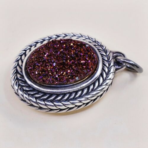 Vintage TH Sterling Silver Handmade Pendant, 925 Silver W/ Oval Agate Druzy