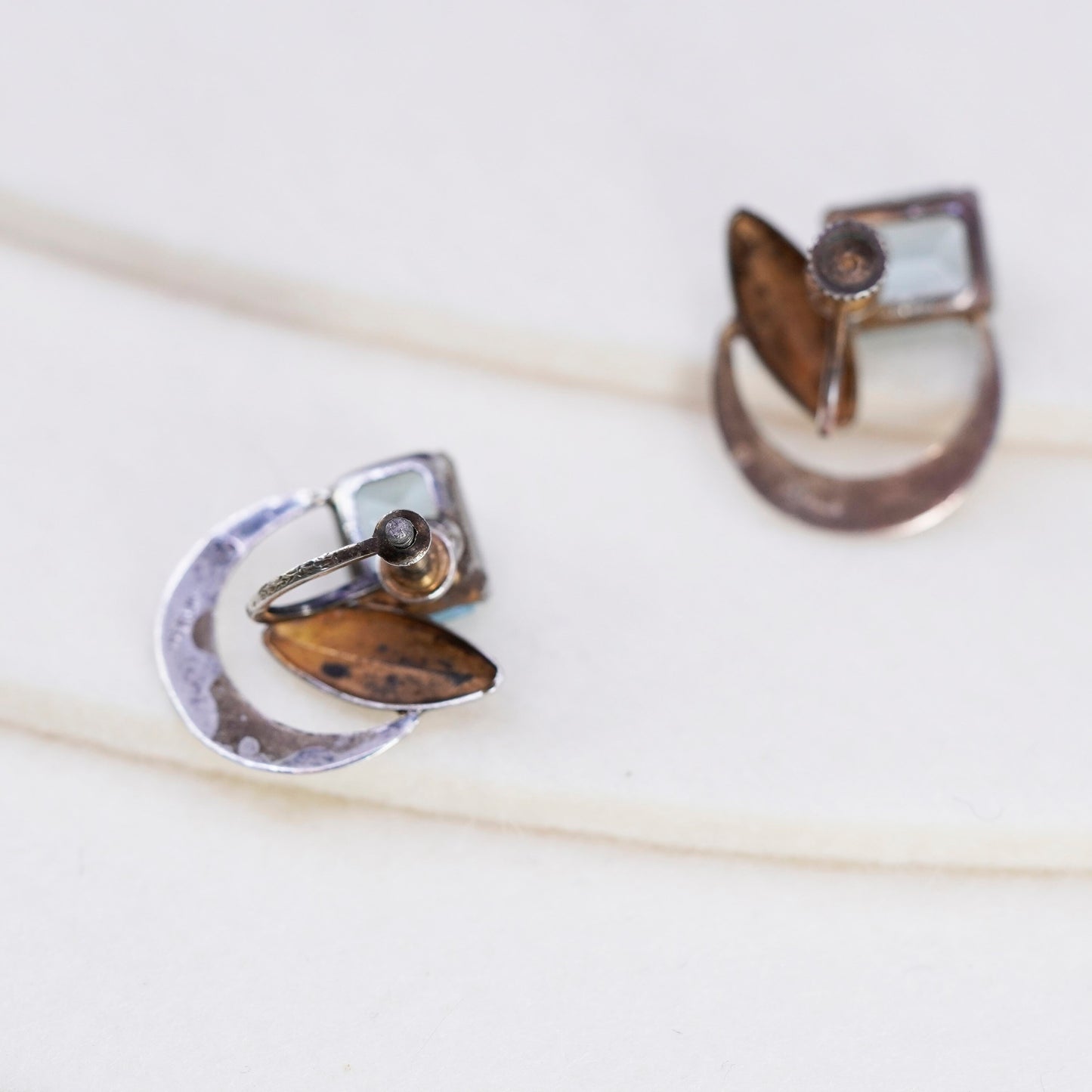 Vintage Sterling 925 silver handmade earrings, screw back moon blue rhinestone