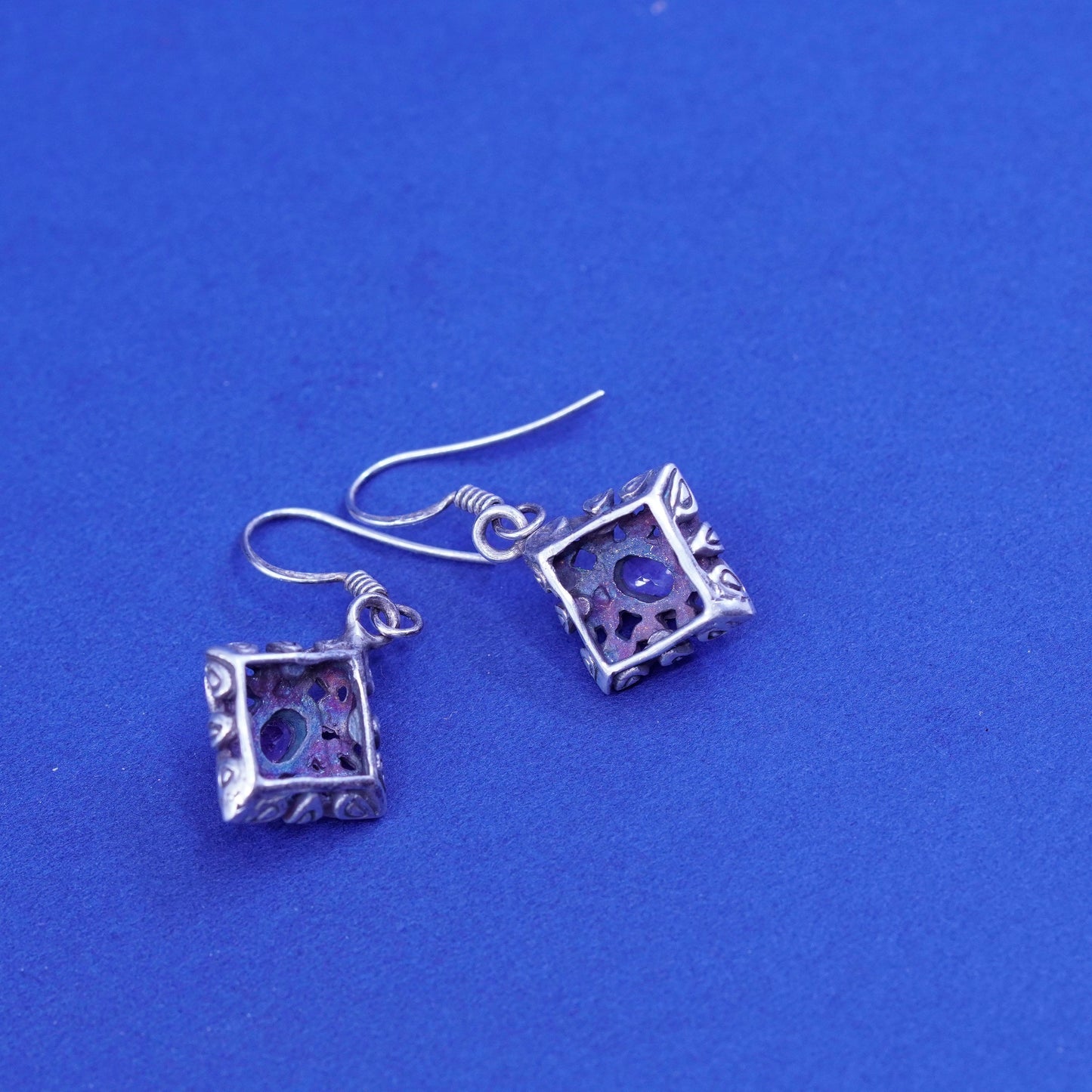 sterling silver handmade earrings, bali 925 filigree diamond drops amethyst