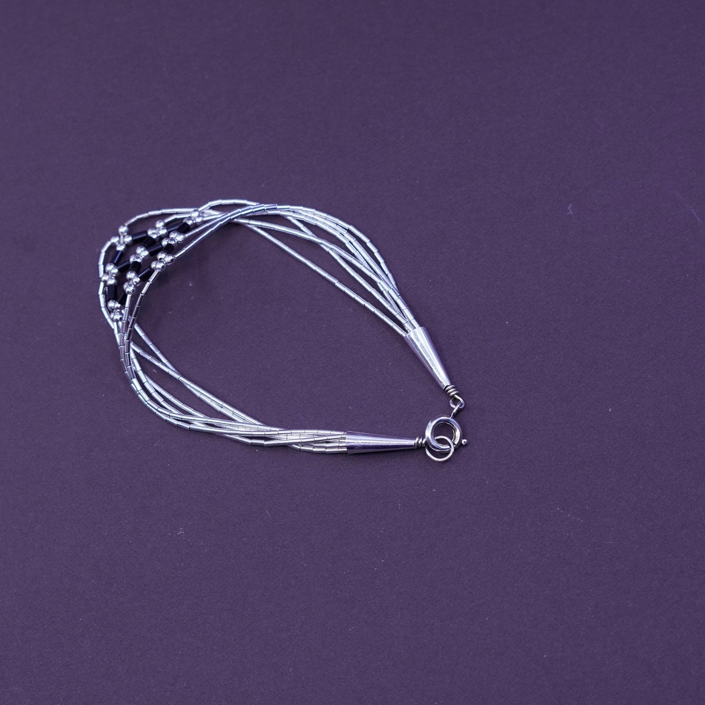7”, 925 handmade bracelet, 5 multi strands liquid Silver chain with obsidian