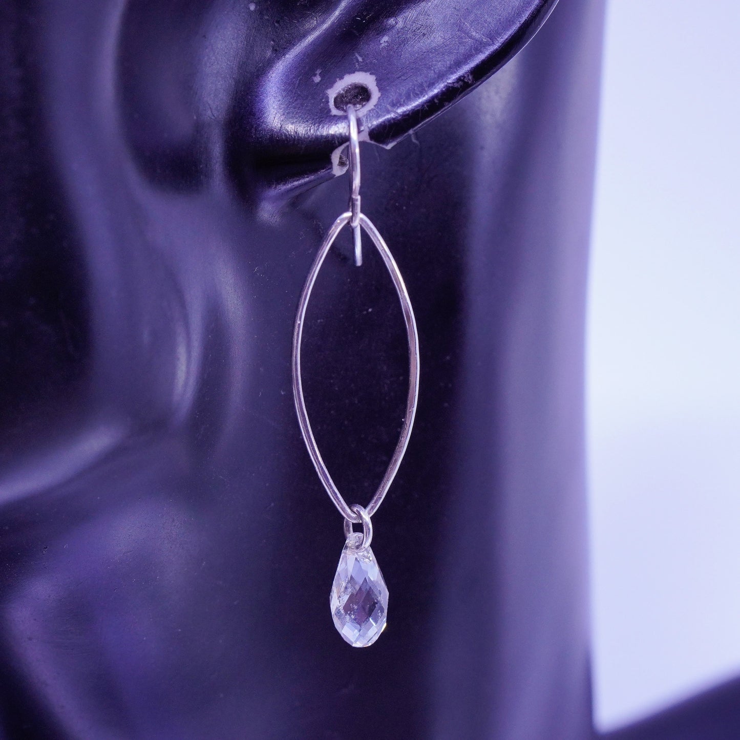 Vintage designer Sterling 925 silver handmade oval earrings teardrop crystal
