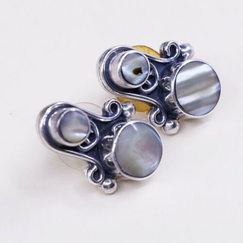Vtg Mexico Sterling Silver Earrings W/ Abalone Inlay, 925 Handmade Studs