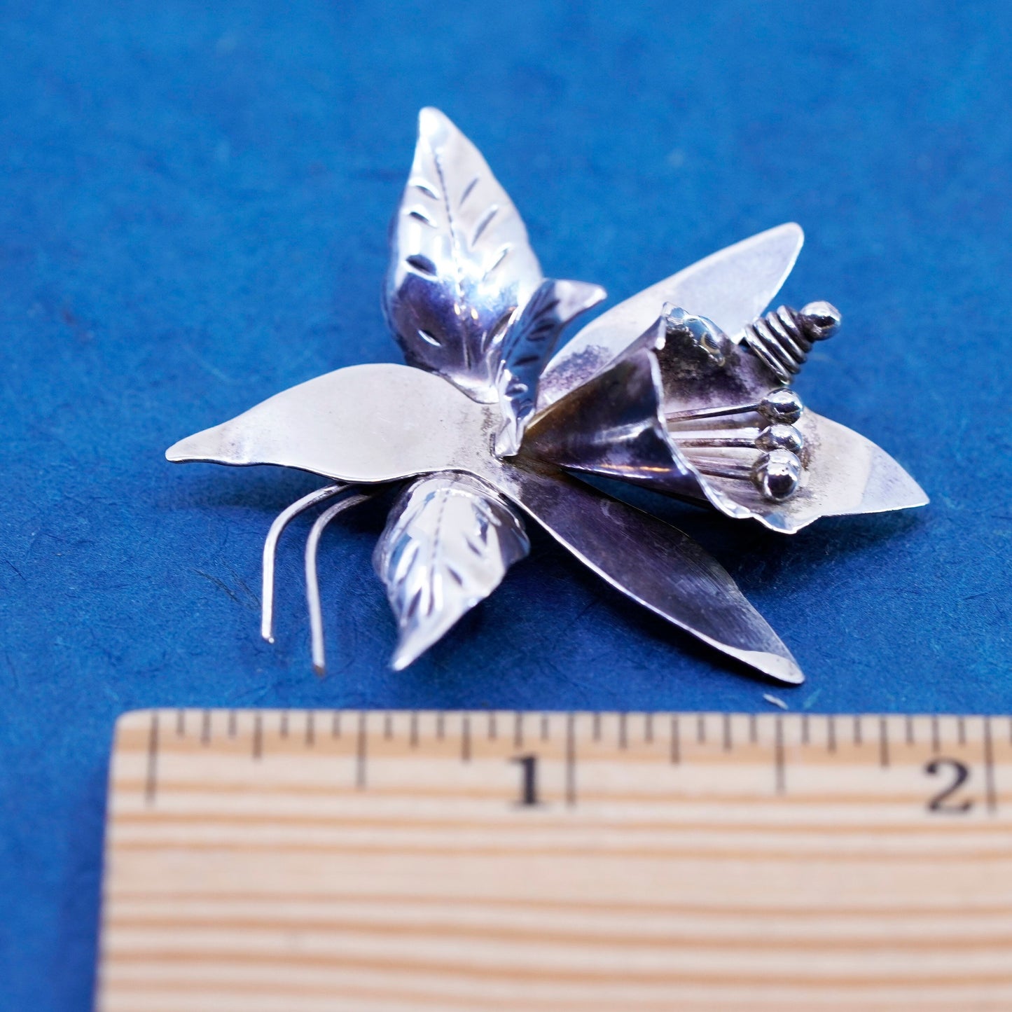 Vintage TAXCO PC Mexico Sterling 925 Silver handmade Orchid Flower Brooch pin