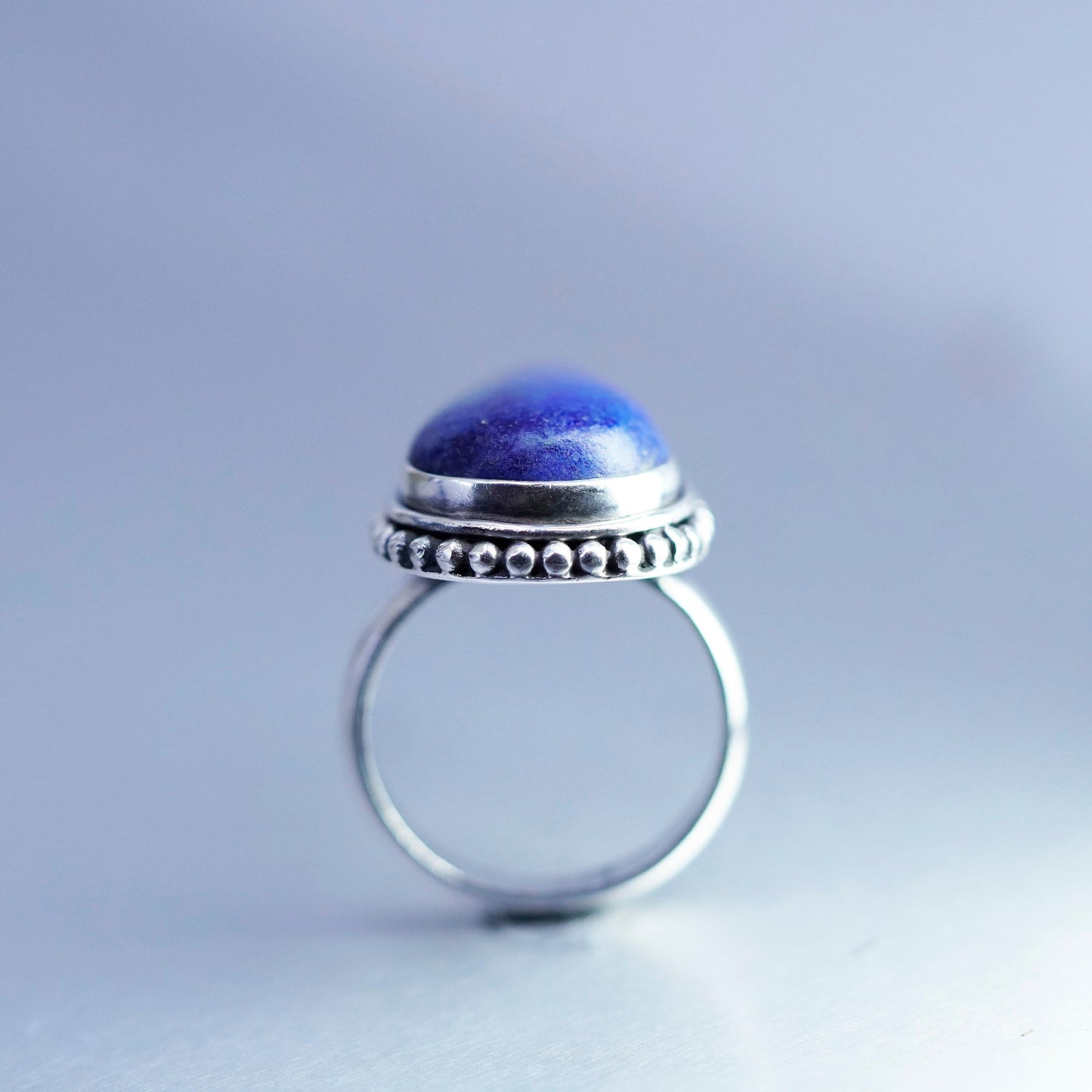 Size 8, Sterling 925 silver handmade ring with teardrop lapis lazuli and beads