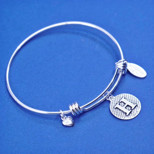 8”, vintage sterling silver handmade bracelet, 925 bangle w/ initial “H” charm
