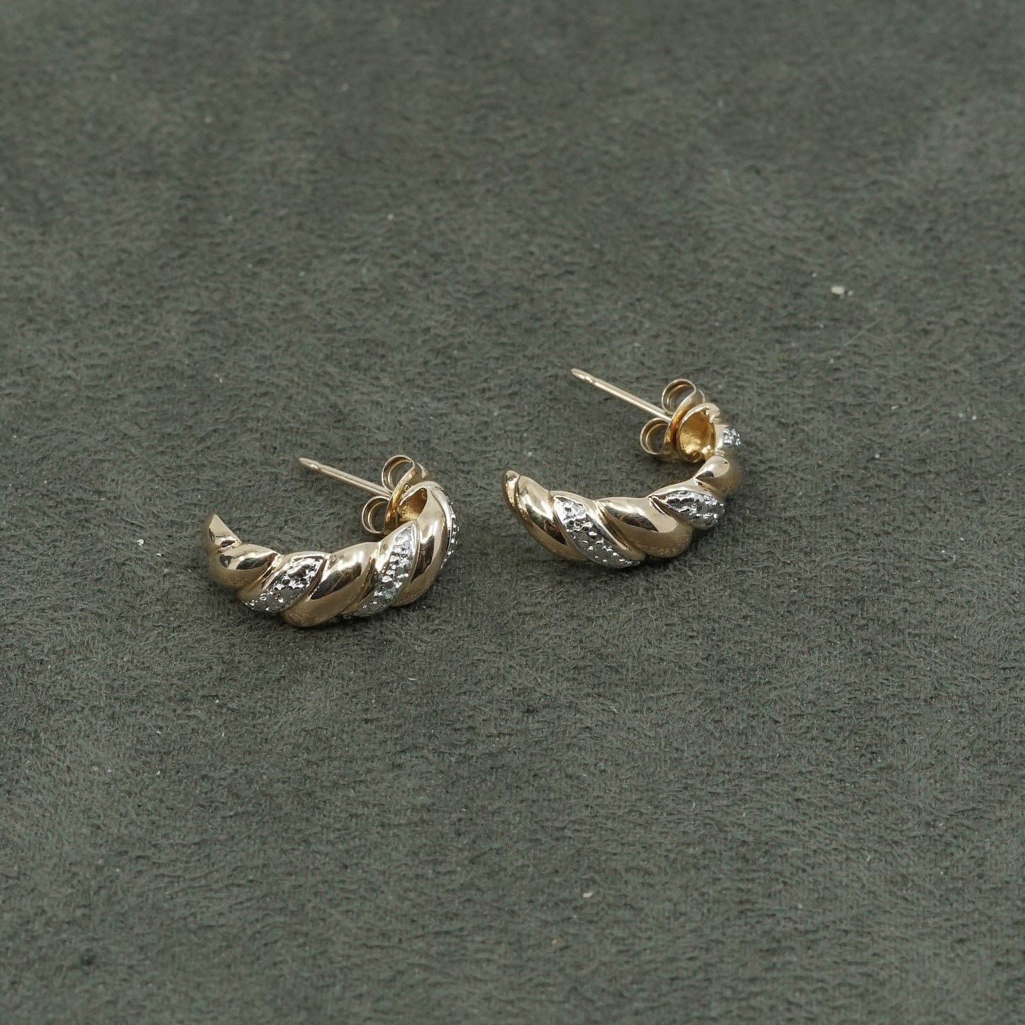Gold over sterling silver earrings w/ simulate diamond, woven 925 studs