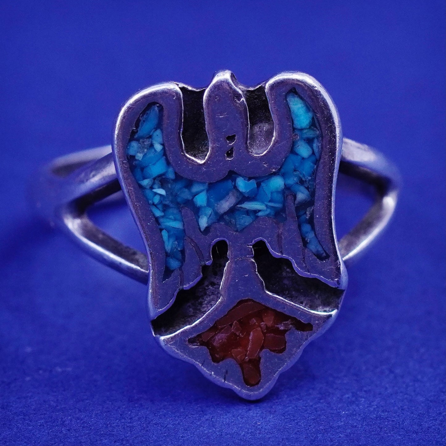 Size 4.25, Native American sterling silver ring, 925 bird turquoise and coral