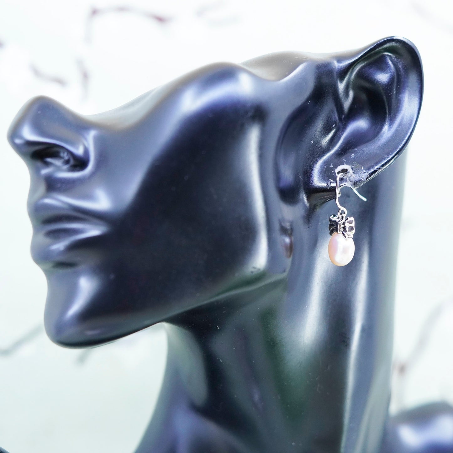 Vintage Sterling 925 silver handmade ribbon bowtie earrings with pearl beads
