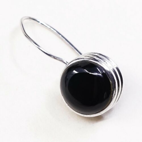 Vintage Sterling Silver Handmade Earrings, Southwestern 925 Dangles W/ Obsidian