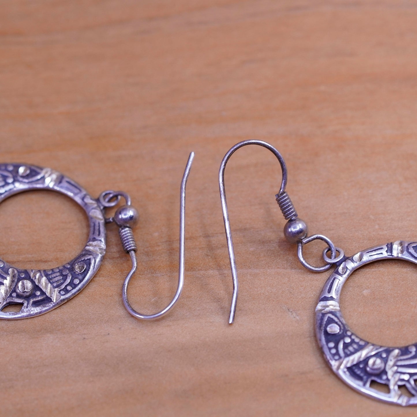 Vintage Sterling silver handmade earrings, 925 textured circles dangle