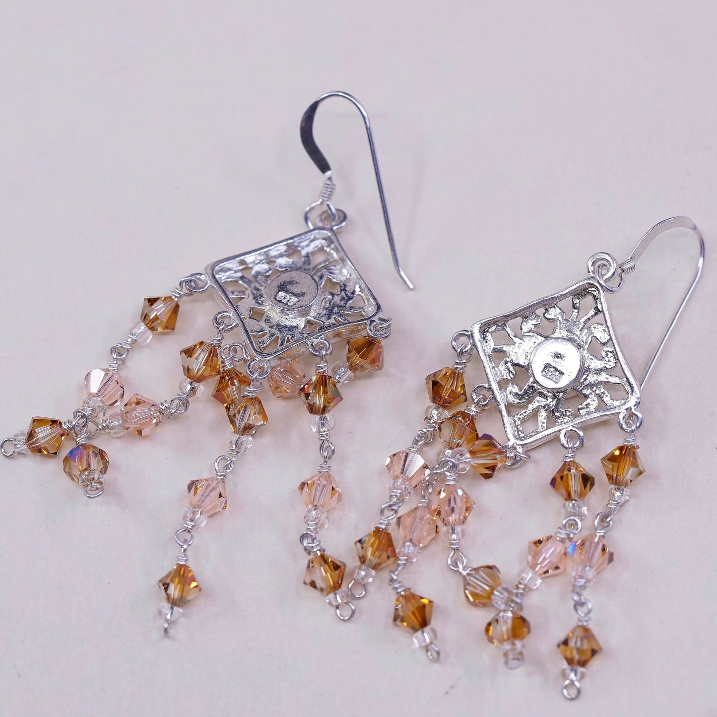 sterling 925 silver handmade earrings w/ orange cluster crystal fringe dangles