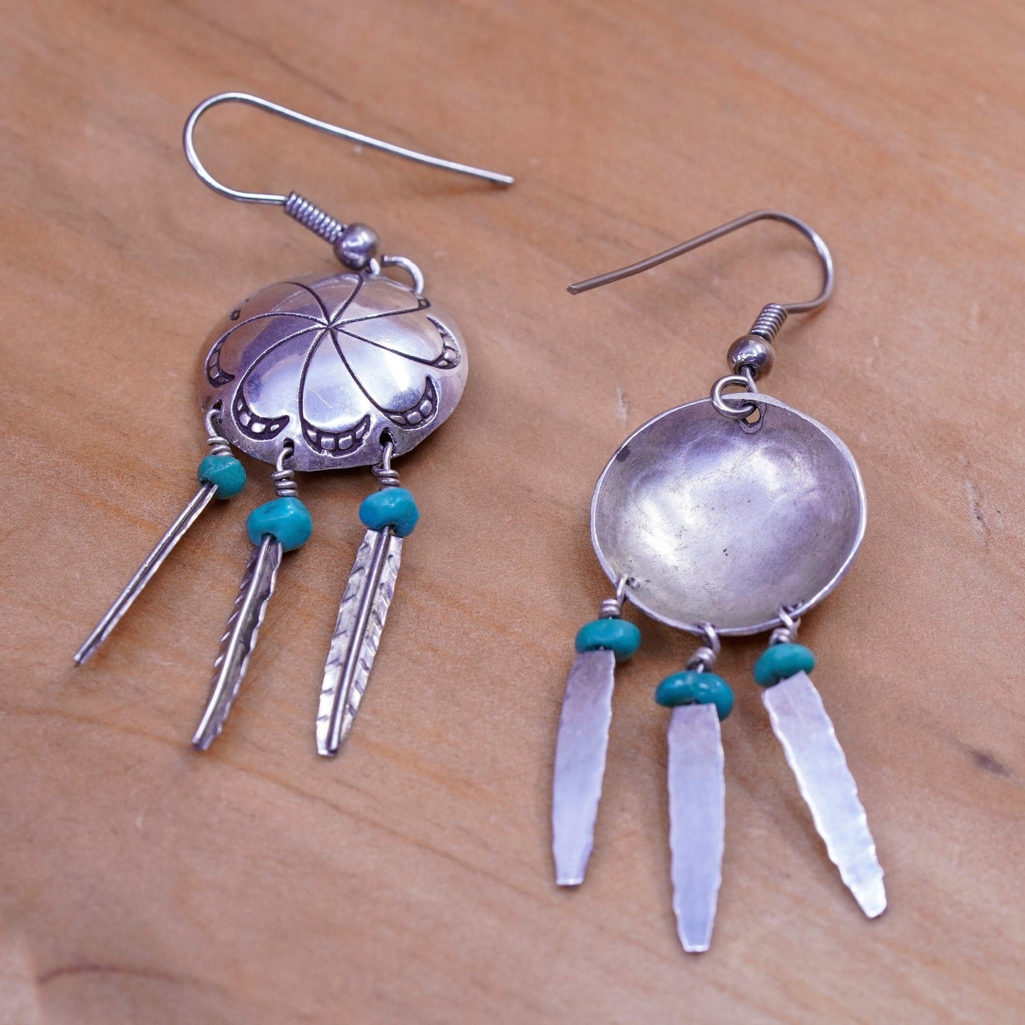 Vintage Sterling 925 silver handmade disc earrings with turquoise and feather