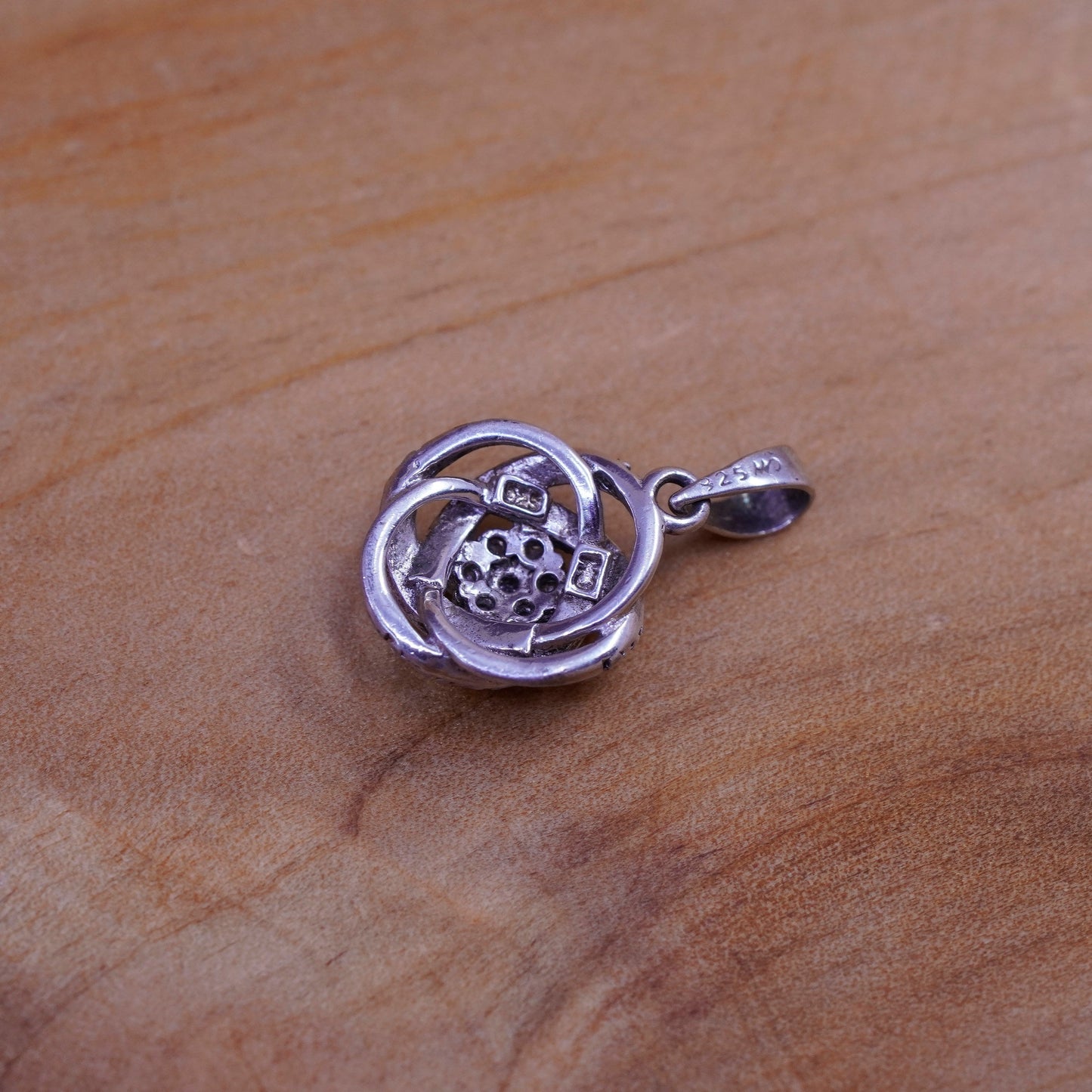Vintage Sterling silver handmade pendant, 925 entwined floral with diamond